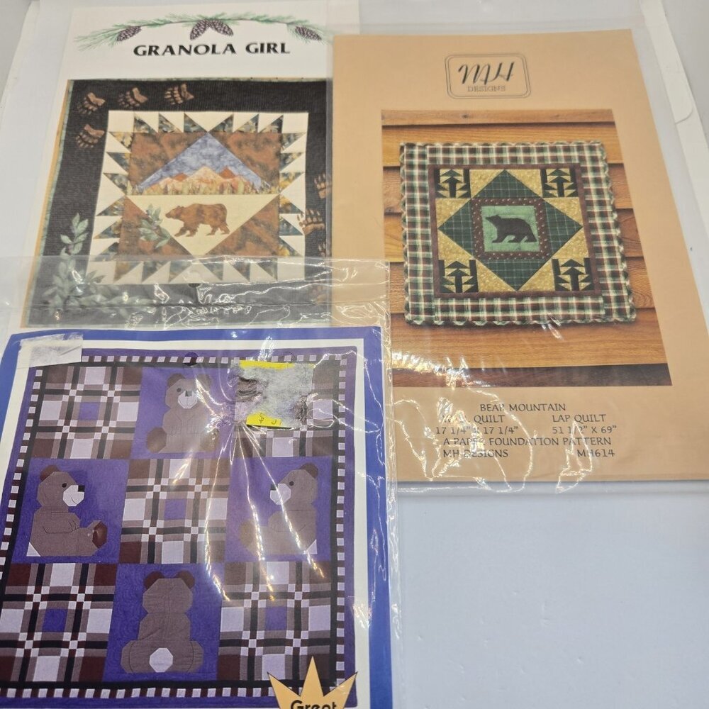 Lot‎ Of 3 Vintage Quilting Patterns Cabin Cottage Themed Bears Quilt New